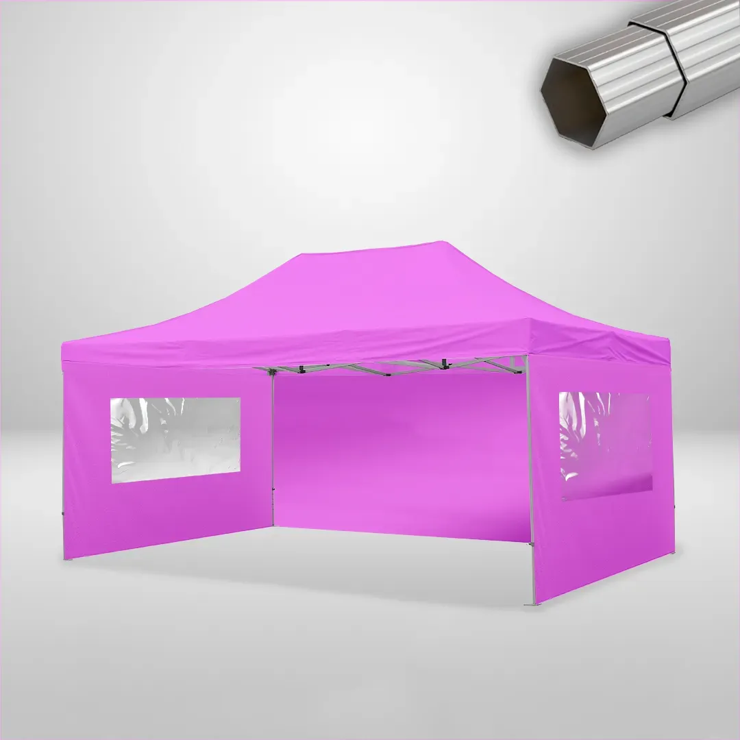 Carpa Plegable 6x4 m de 4 pilares, Gama ELITE 50mm, 1 lateral liso y 2 laterales con ventanas, rosa 1 Carpa Plegable 6x4 m de 4 pilares, Gama ELITE 50mm, 1 lateral liso y 2 laterales con ventanas, rosa