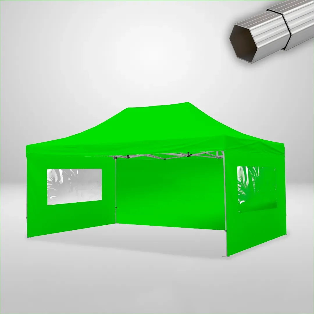 Carpa Plegable 6x4 m de 4 pilares, Gama ELITE 50mm, 1 lateral liso y 2 laterales con ventanas, verde lima 1 Carpa Plegable 6x4 m de 4 pilares, Gama ELITE 50mm, 1 lateral liso y 2 laterales con ventanas, verde lima