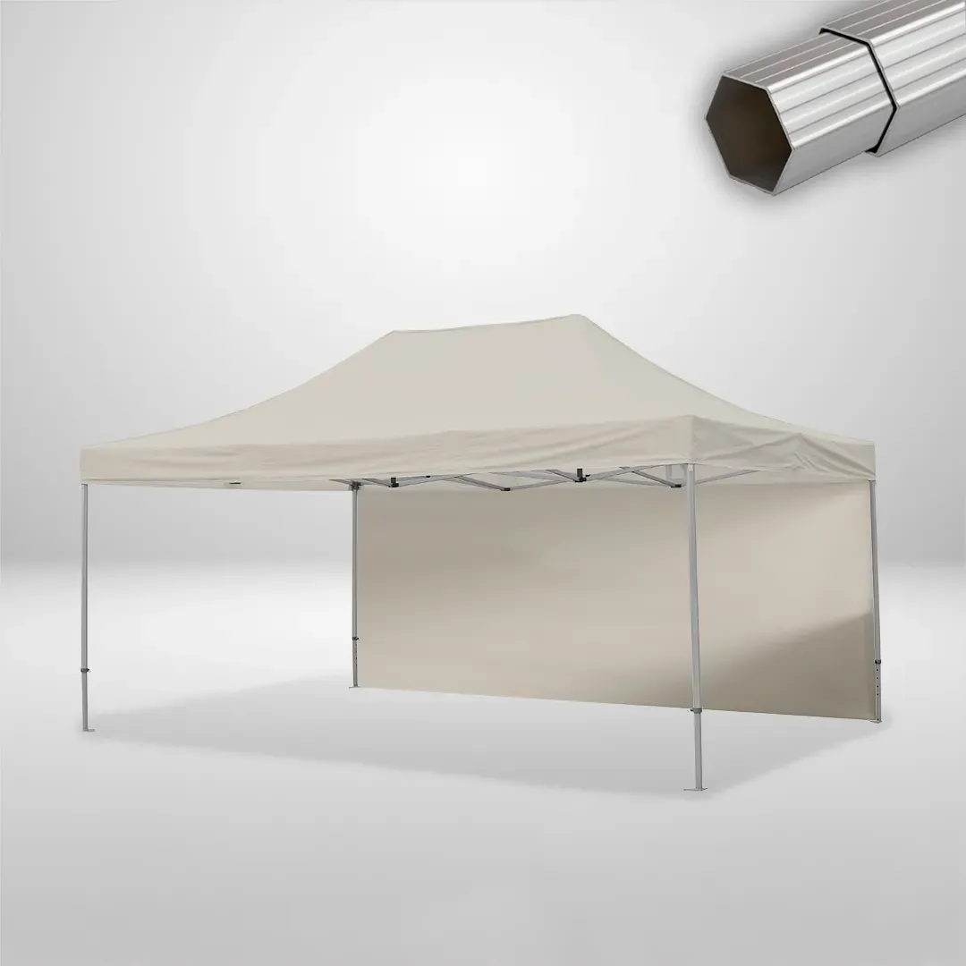 Carpa Plegable 6x4 m de 4 pilares, Gama ELITE 50mm, 1 lateral liso, beige
