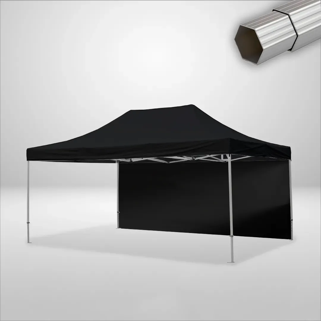 Carpa Plegable 6x4 m de 4 pilares, Gama ELITE 50mm, 1 lateral liso, negro