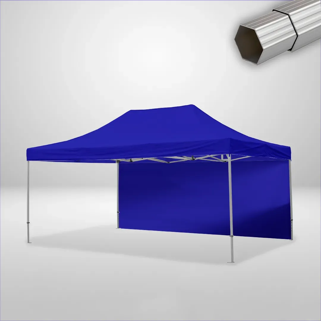 Carpa Plegable 6x4 m de 4 pilares, Gama ELITE 50mm, 1 lateral liso, azul