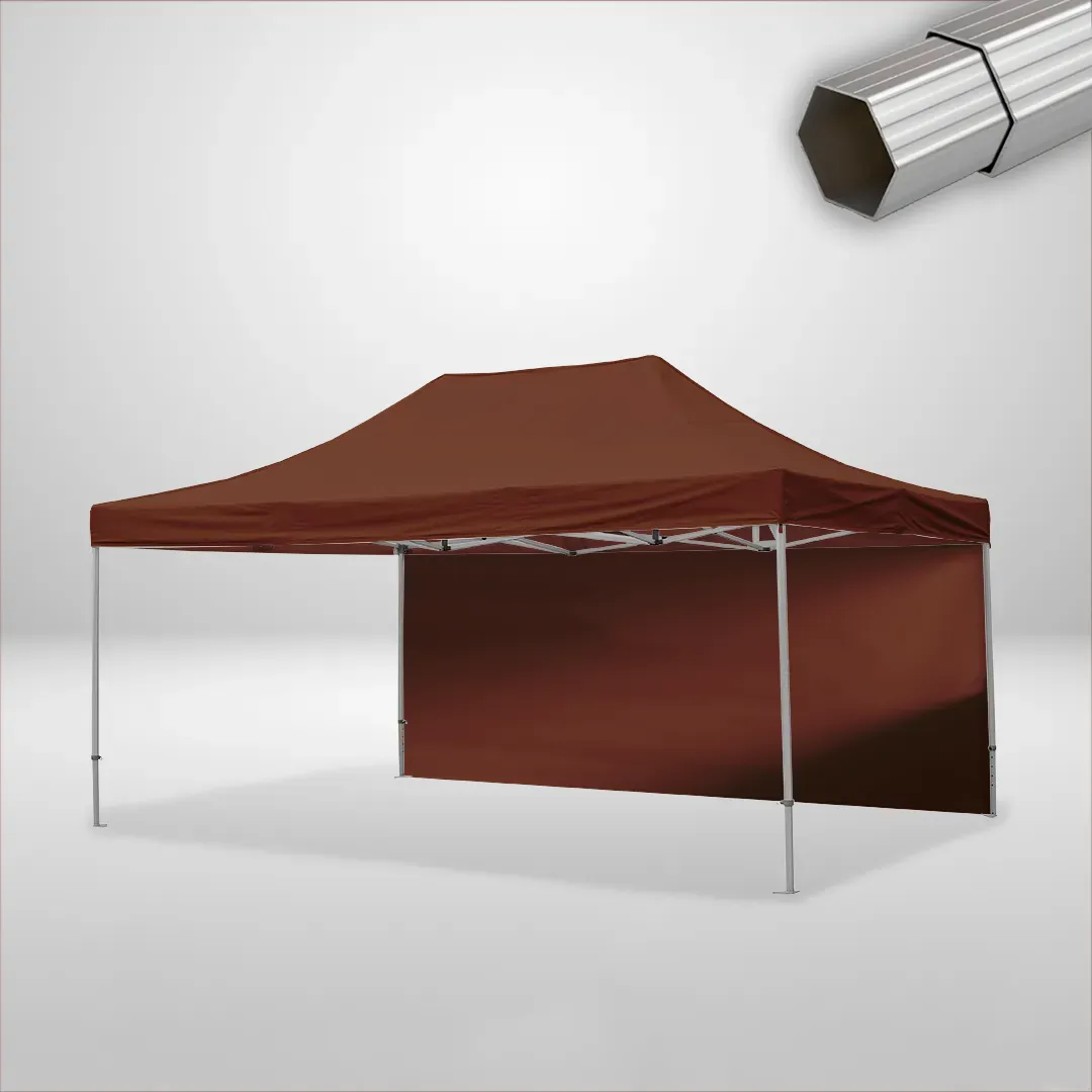Carpa Plegable 6x4 m de 4 pilares, Gama ELITE 50mm, 1 lateral liso, marron