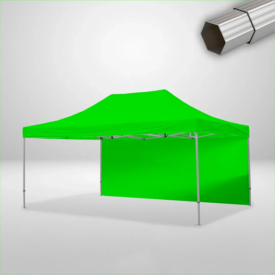 Carpa Plegable 6x4 m de 4 pilares, Gama ELITE 50mm, 1 lateral liso, verde lima
