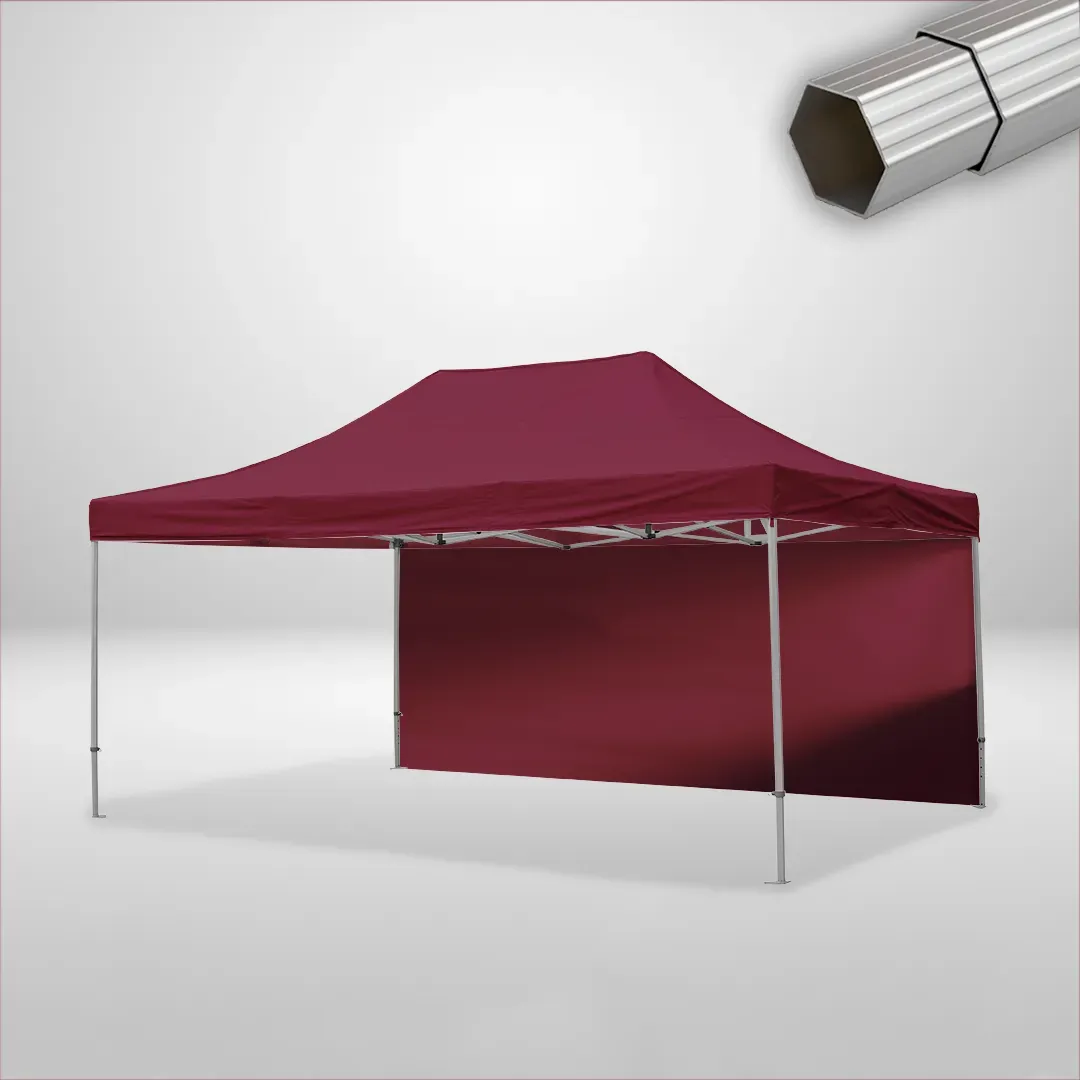 Carpa Plegable 6x4 m de 4 pilares, Gama ELITE 50mm, 1 lateral liso, burdeos